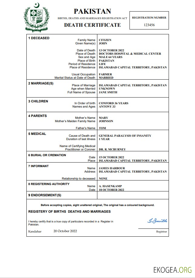 Modèle Word et PDF de certificat de décès du Pakistan